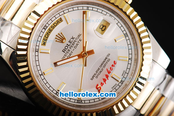 Rolex Day-Date II Oyster Perpetual Automatic Movement Two Tone with Gold Bezel and White Dial-Stick Markers - Click Image to Close
